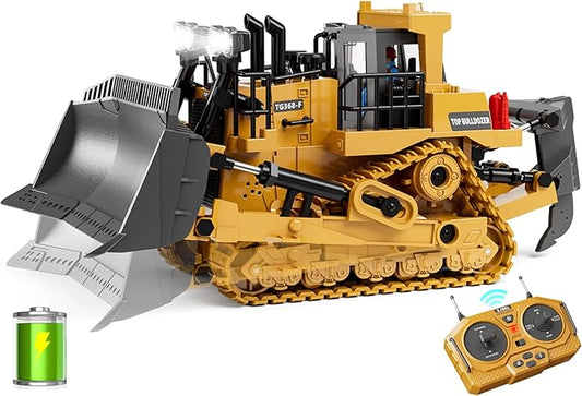 9-Channel Metal RC Bulldozer - Realistic Remote Control Kids Construction Play Toys with Lights and Sound, Track Type Tractor Toys for 3+ Boys, Perfect 2025 Kids Birthday Gift for Ages 3-12+