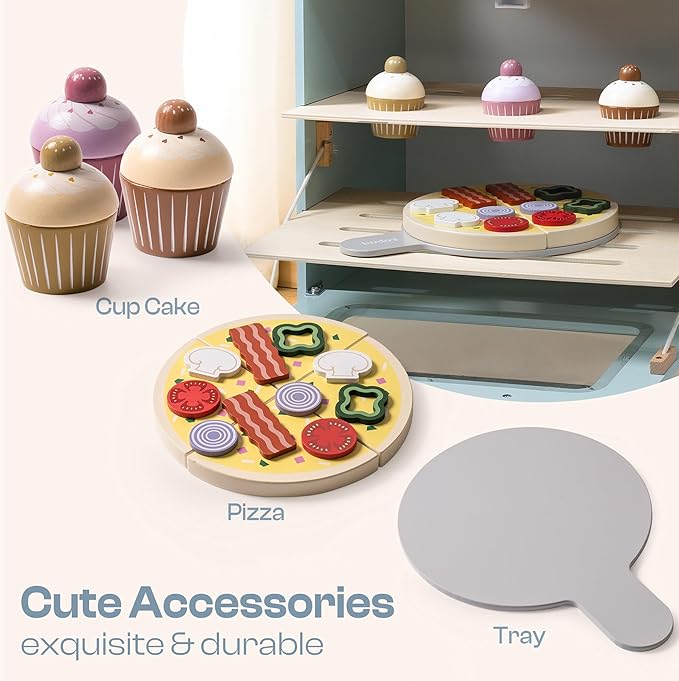 ROBOTIME Wooden Toy Kitchen Oven Playset, Montessori Pretend Play Kitchen Accessories with Pizza and Cupcakes Food Toys, Wooden Pizza Oven Set Toys for Toddlers & Kids, WCF28