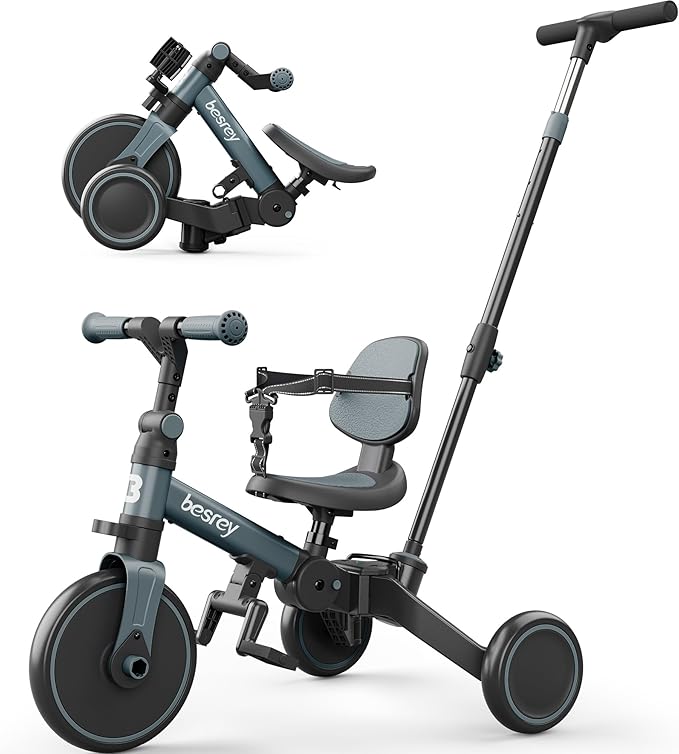 besrey 5 in 1 Toddler Bike, Toddler Tricycle for 1-3 Year Old, Trike with Push Handle, Backrest and Safety Belt, Birthday Gifts and Toys for Boys and Girls, Balance Bike