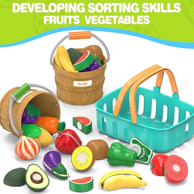 Sorting Play Food Sets - 2 Buckets with Handle, 1 Storage Basket, Fruit&Vegetable Cutting Food Toy, Pretend Fake Kids Kitchen Accessories for Preschool Learning,Birthday Gifts for Toddler Educational