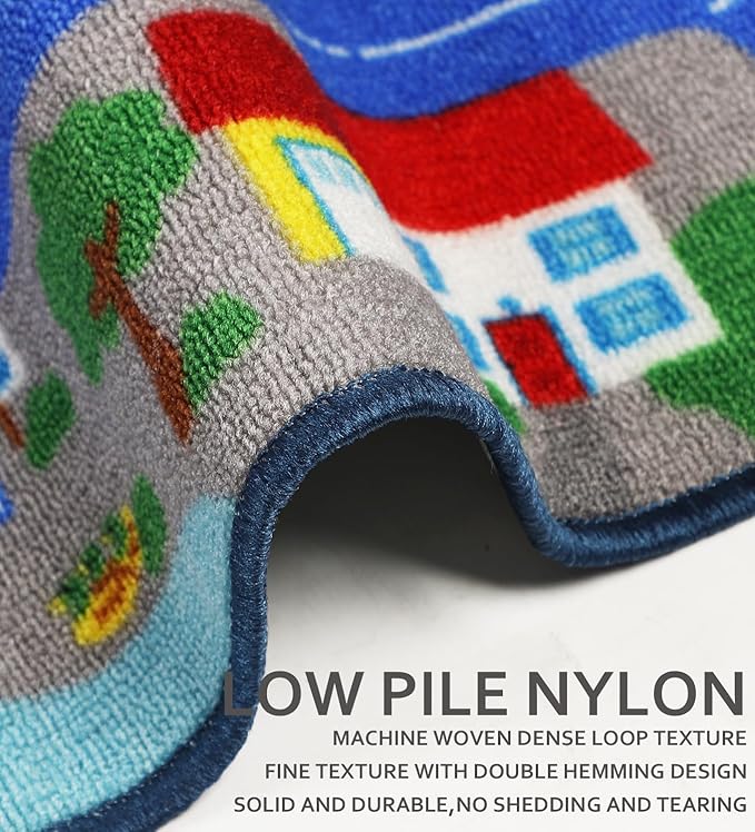 Educational Road Traffic Carpet Kids Carpet Playmat Car Rug Fun City Life Map Kids Car Rug Non Slip Play Carpet for Children Playroom Bedroom Classroom Decor (Blue, 5'0''x6'6'')