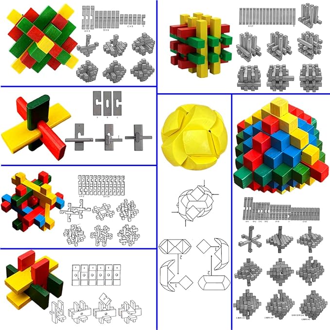18 Pack Wooden Brain Teaser Puzzles Wooden Burr Puzzles Brain Teaser Puzzle with Gift Packing Box Magic Puzzle Games Toys for Kids and Adults by AHYUAN (Colorful Wood)
