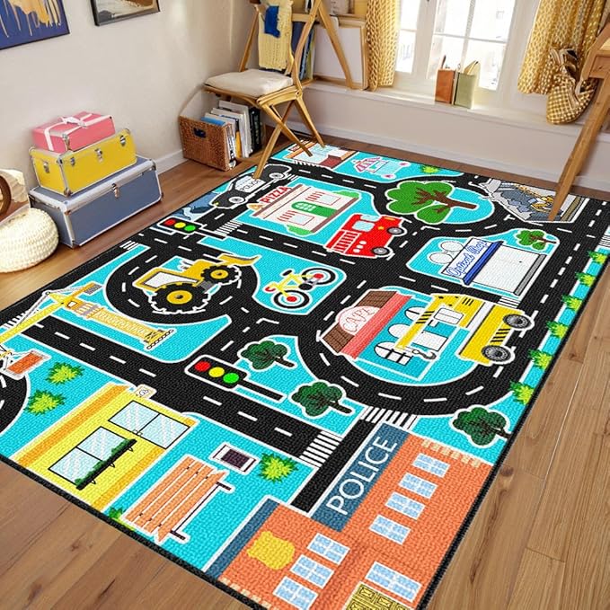 Car Rug Play Mat - Kids Play Rugs City Life Road Map Rug 3x5 Feet Large Educational Traffic Track Car Mat for Kids Toy Cars Carpet for Kid Bedroom Playroom Classroom Decor