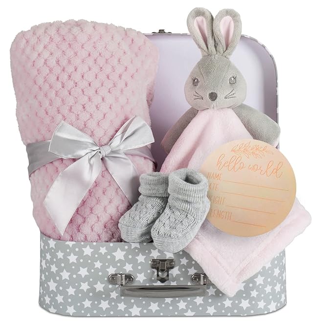 Baby Girl Gift Set New Born Baby Gift Baby Pink Bunny Security Blanket Soft Fleece, Suitcase Keepsake Box Blanket Booties & Baby Gift Basket Unique Present fBaby Shower & Newborn Lovey Welcome