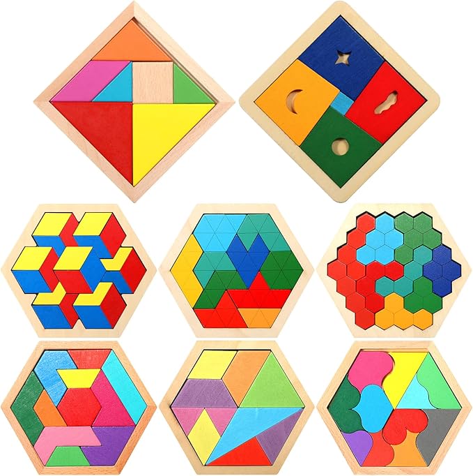 Jerify 8 Pack Wooden Hexagon Puzzles Children Educational Puzzle Blocks Shape Pattern Block Geometric Tangram Jigsaw for Kids Adults 3D Logic Intelligence IQ Game Gift