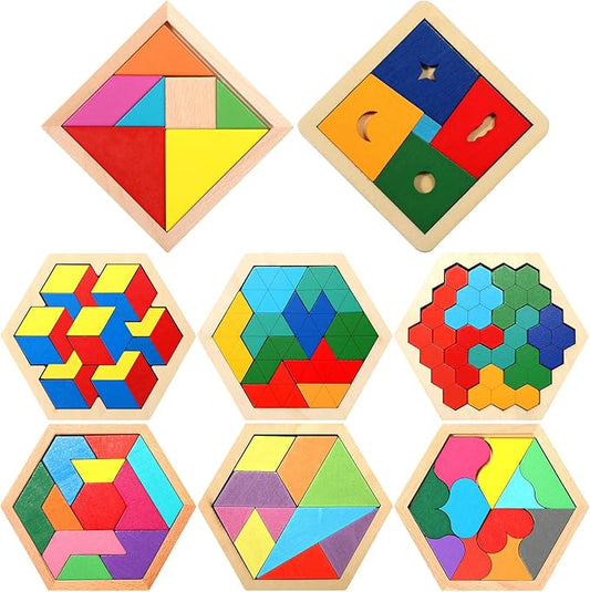 Jerify 8 Pack Wooden Hexagon Puzzles Children Educational Puzzle Blocks Shape Pattern Block Geometric Tangram Jigsaw for Kids Adults 3D Logic Intelligence IQ Game Gift