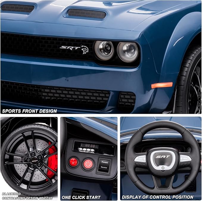 Kids Electric Car | Licensed Dodge Challenger Ride-On 12V Battery-Powered Vehicle with Remote, LED Lights, Bluetooth, MP3 for Boys and Girls, Blue