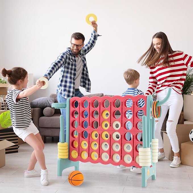 Costzon Giant 4-in-A-Row, Jumbo 4-to-Score Giant Game w/Basketball Hoop, Ring Toss, Quick-Release Slider, 42 Jumbo Rings, Indoor Outdoor Family Connect Game for Kids & Adults, Backyard Games