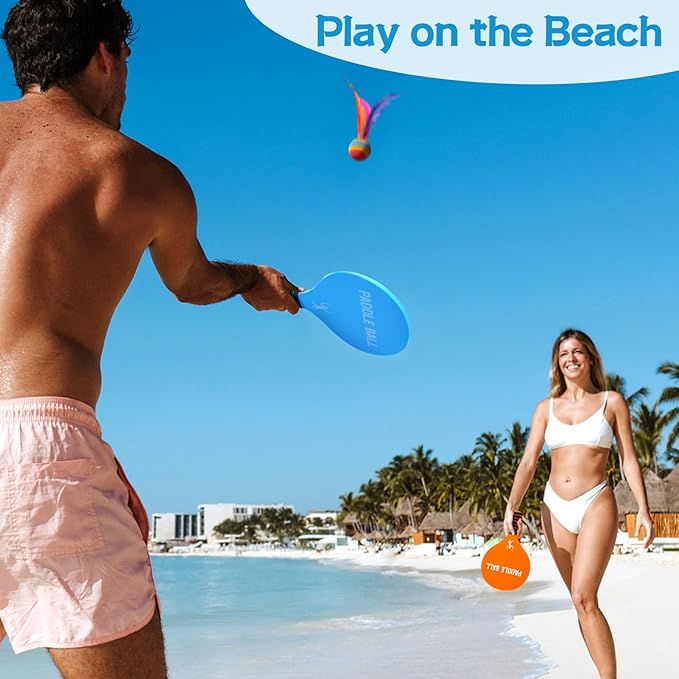 Beach Paddle Ball Set - Funny Paddleball Rackets Game, Outdoor Sports Toys for Kids Adults Family Games Beach Yard Lawn Party Supplies(4 Paddles, 13 Birdies, 4 Balls, 2 Drawstring Bags)