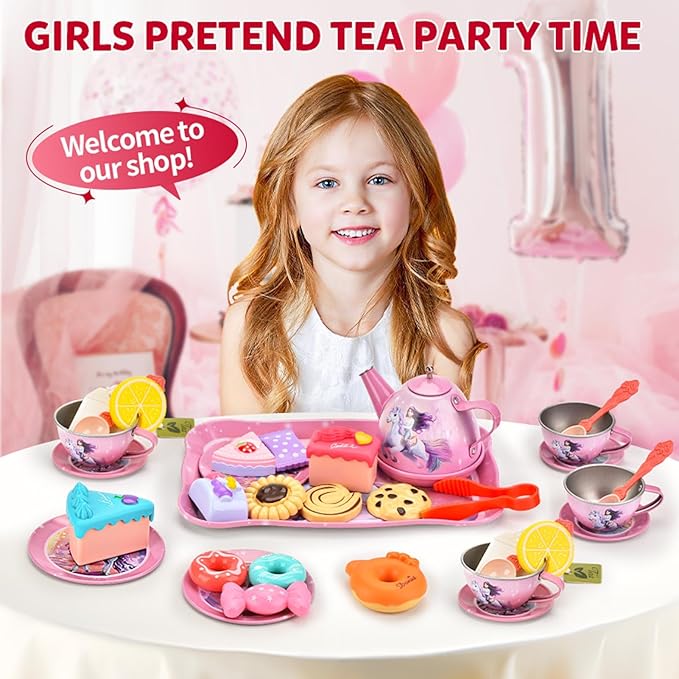 Toddlers Unicorn Tea Party Set for Little Girls, Pretend Tin Teapot Set, Princess Tea Time Play Kitchen Toy with Dessert, Doughnut, Carrying Case for Birthday Easter Gifts Age 3 4 5 6