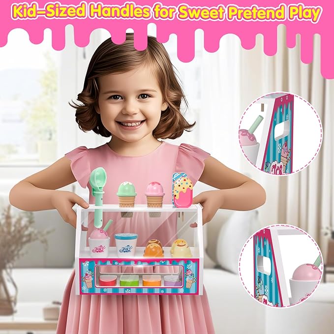 Ice Cream Toys, Wooden Ice Cream Play Set, Pretend Play Toys, 46 Pcs Wooden Play Kitchen Accessories with Menu & Scoop & Menu & Fake Money, Ice Cream Toys for Toddlers 3 4 5 6 Girls Boys Birthday