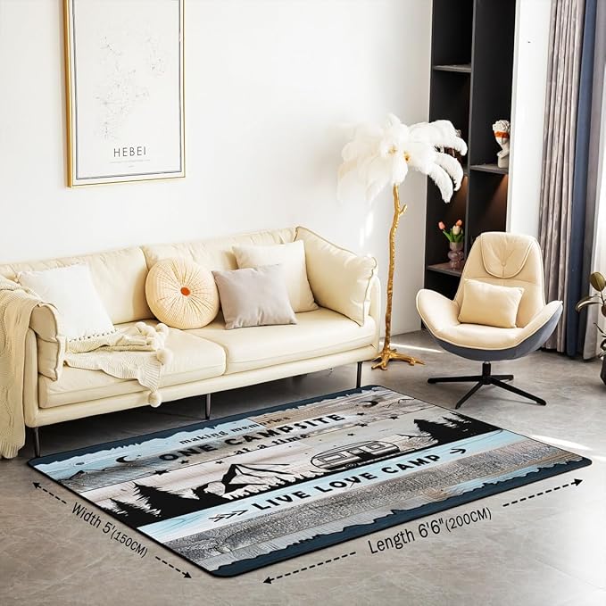 Erosebridal Happy Camping Area Rug 5x7 RV Campsite Rug for Boys Men Retro Wooden Board Rustic Mountain Carpet Blue Black Woodland Adventure Bedroom Non Slip Decorative Rug