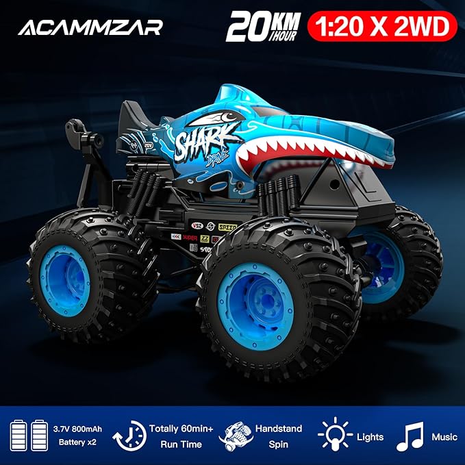 ACAMMZAR Remote Control Car, 2.4GHz Remote Control Monster Truck, RC Trucks 2 Battery 60 Mins+, RC Stunt Cars Toys with Light Sound, Indoor Outdoor All Terrain for Boys Kids Adults, Blue