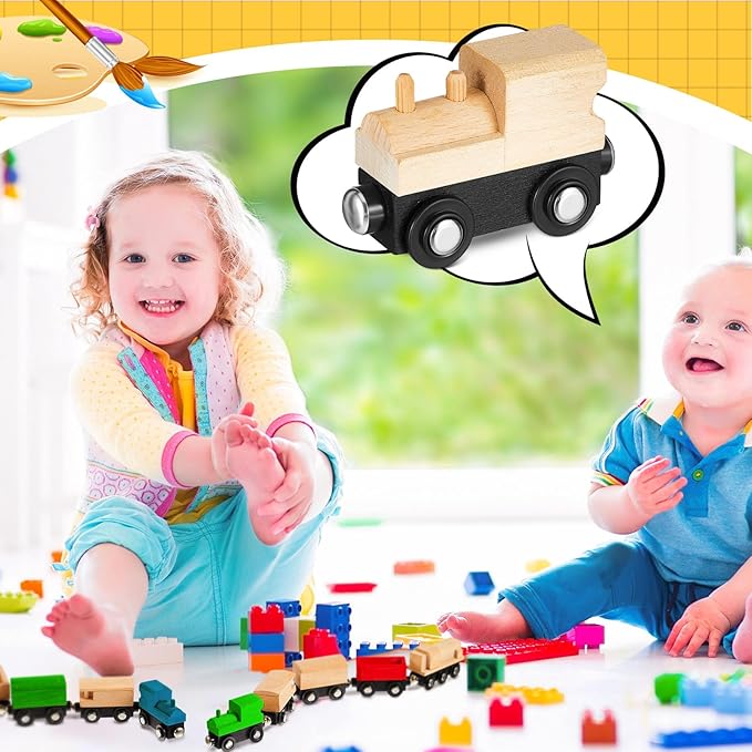 30 Pcs Vivid Unfinished DIY Wooden Trains 5 Styles Unpainted Cars Toys for Railway Paint Project Wood Trains for Birthday Party Theme Decorations Crafts Supplies