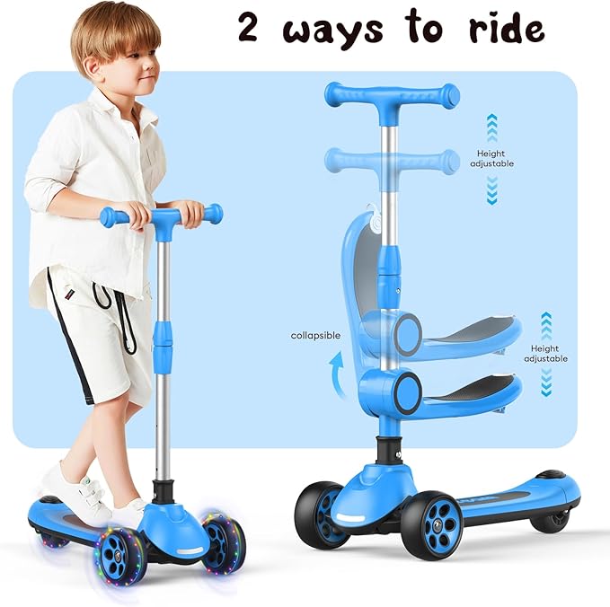 Kids Scooter,LED Lighted Wheels and 3 Adjustable Height Handlebars Scotters for Kids 3-12,3 Wheel 2-in-1 Toddler Kick Scotter for Boys & Girls up to 132 Lbs.