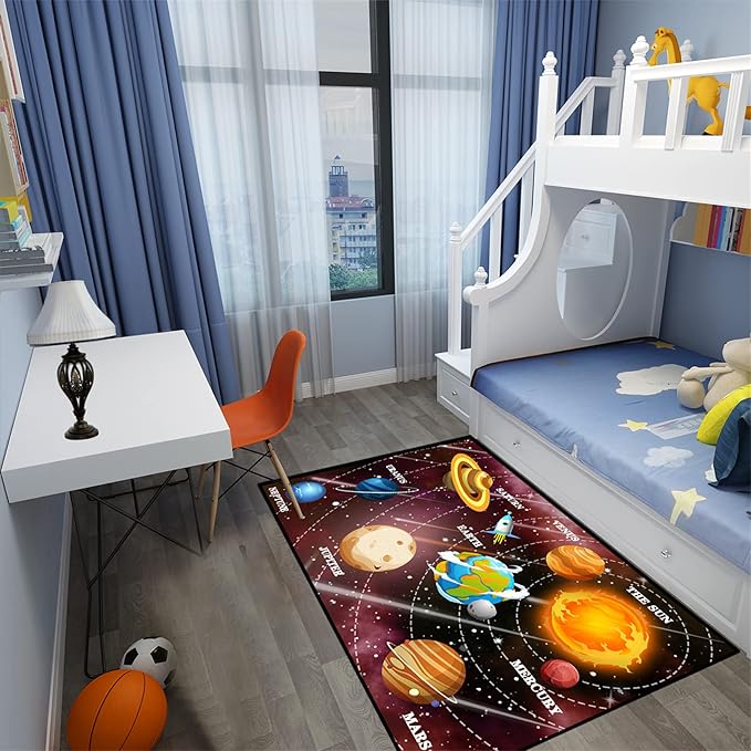 Boys Space Area Rugs for Bedroom Educational Learning Large Carpet Rug Indoor Sofa Floor Mats Solar System Space Theme Living Bedroom Dining Room Decor Crystal Polyester Area Rug Door Mats, 3'×5'