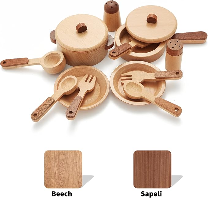 WHOHOLL Wooden Toys Play Kitchen Accessories, Montessori Toys for 1 2 3 4 5 + Years Old Toddlers, Toy Kitchen Play Dishes & Play Food Playset, Birthday Sets for Kids Girls Boys