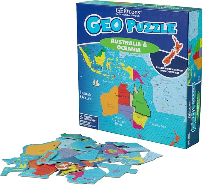 GeoToys GeoPuzzle, Australia & Oceania Shaped Jigsaw Puzzles, 70 Pc Geography Puzzle, Geography Game, Map Puzzle - Jigsaw Puzzles for Kids Ages 6-9 Years Old