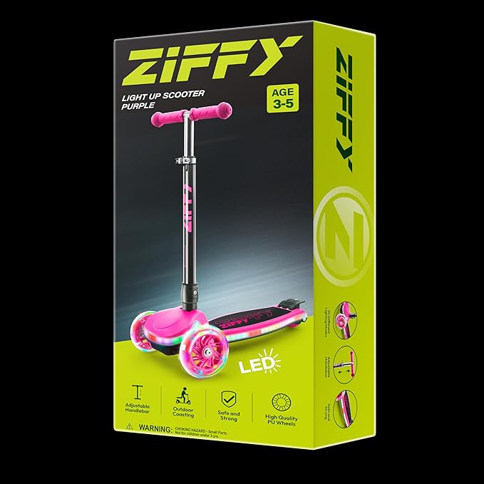 ZIFFY Kids Scooter for Boys & Girls LED Light-Up Wheels, 4 Adjustable Height Handlebars, and Lean-to-Steer Design with Anti-Slip Wide Deck for Stability - Up to 110LBS