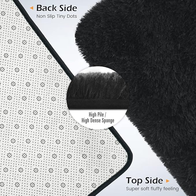 Amearea Premium Soft Fluffy Area Rug Modern Shag Carpet, 3x5 Feet, Fuzzy Shaggy Rugs for Bedroom Living Room Teen Apartment Decor, Comfortable Indoor Furry Dorm Carpets, Black