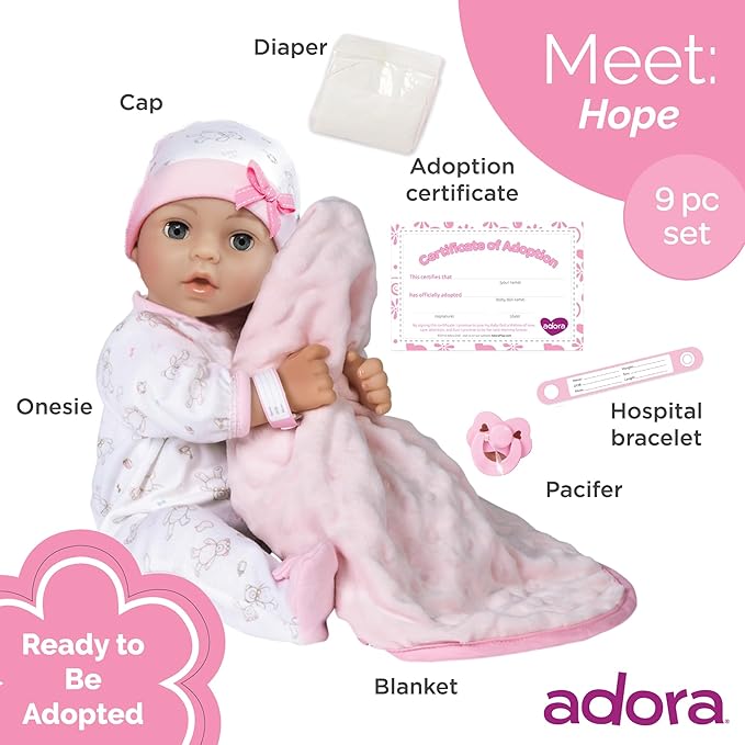 Adora 16 Inch Girl Baby Doll with Accessories Pink Matching 9-Piece Set Including a Pacifier, Hospital, Bracelet, Diaper, and More Gift for Toddlers Ages 3+ Adoption Babies Collection - Hope
