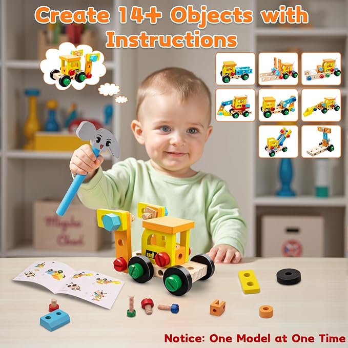 59Pcs Kids Tool Set Toy for Boys - Montessori STEM Wooden Play Tool Box Kit with Electric Drill with 2 Types Bits - Educational Christmas Birthday Gifts for Boys Toddlers Kids Age 3 4 5 6 Years Old