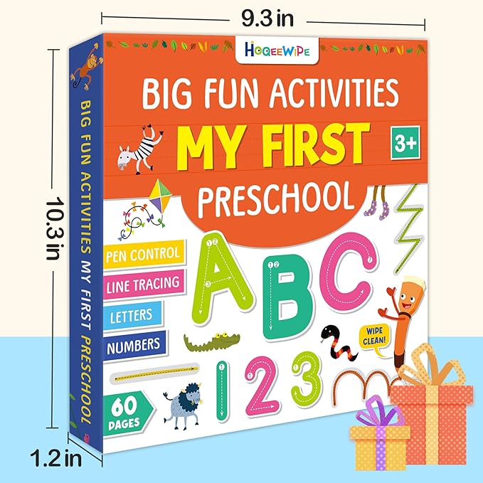HOQEEWIPE Preschool Learning Activities Workbook - Fun Reusable 60 Pages Tracing Books for Kids Ages 3-5, Numbers, Letters, Fine Motor Skills Educational Learning Toys for Toddlers 2-4 Years Old