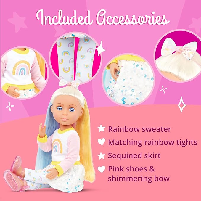 Laica Glitter Girls – 14-inch Play Doll – Blue Eyes & Tricolor Hair, Rainbow Top, Print Leggings – Sequin Skirt, Hair Bow – 3 Years +