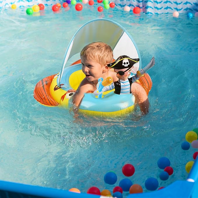 2X Thicken Inflatable Kids Pool Float with UPF 50+ Canopy Detachable,Pirate Ship Floaties with Captain & Water Gun,Swimming Pool Toys for Boys & Girls ，Toddlers ，Babies，Child,Summer Beach Outdoor Play