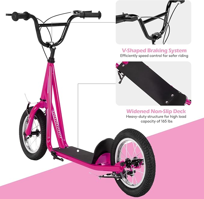 Goplus Youth Kick Scooter, Kids Kick Scooter W/ 12-Inch Air Filled Wheels, Carbon Steel Frame, Adjustable Handlebar, Front and Rear Dual Brakes, Ride On Toys for Adults Teens 8+