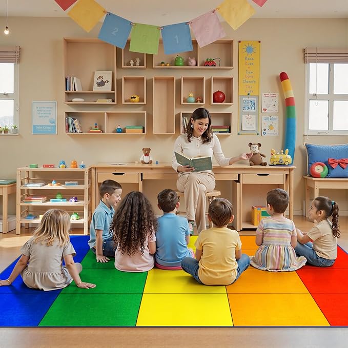 LIVEBOX Elementary Classroom Rugs for Kids, Washable Kids Rugs for Playroom School, Nursery, Colorful Children's Educational Carpet Non-Slip Classroom Mat for Learning, 6'x9'(Seats-20)