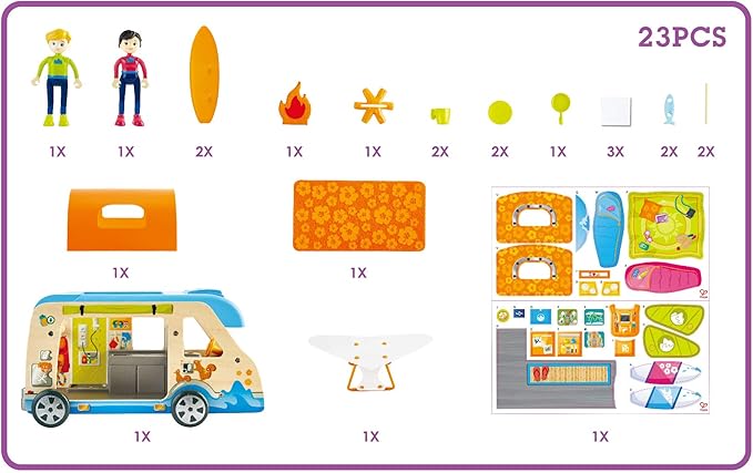 Hape Adventure Van| 23-Piece Wooden Pretend Play Camper Van Toy Set with Camping Accessories