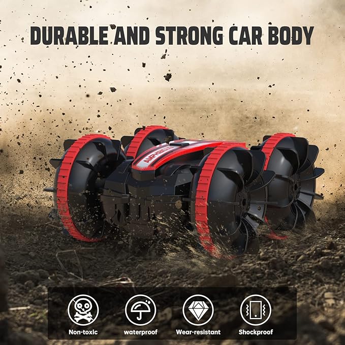 qida Toys for 6-12 Year Old Boys Amphibious Remote Control Car for Kids 2.4 Ghz RC Boat 4WD Waterproof Monster Truck Outdoor RC Vehicle Off Road Stunt Car Birthday Gift Water Beach Pool Toys(Red)