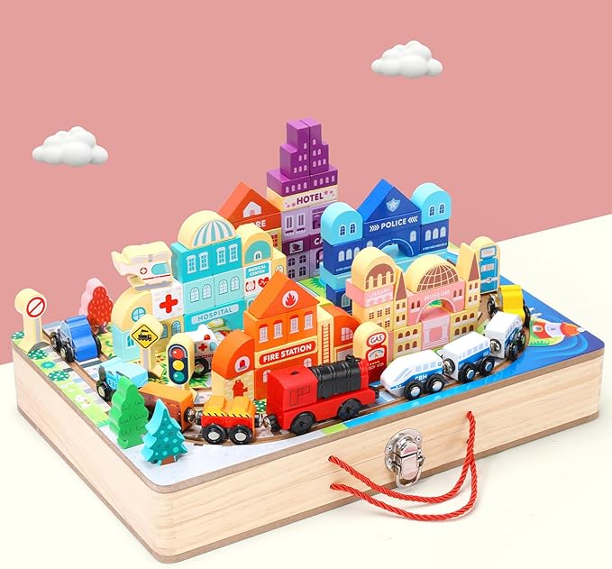 Large Wooden Building Blocks Set, Electric Train City Construction Stacking Blocks Preschool Learning Educational Toys,Wooden Take-Along Tabletop Railroad Play Set for Toddlers