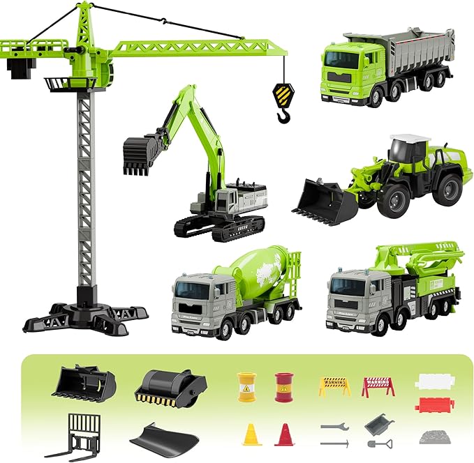 iPlay, iLearn Kids Construction Truck Toy, Crane Excavator for Boys Age 3-5, Digger Dump Trucks, Bulldozer Forklift Vehicle Set for Sandbox Play, Birthday Gifts 3 4 5 6 Year Old Toddlers