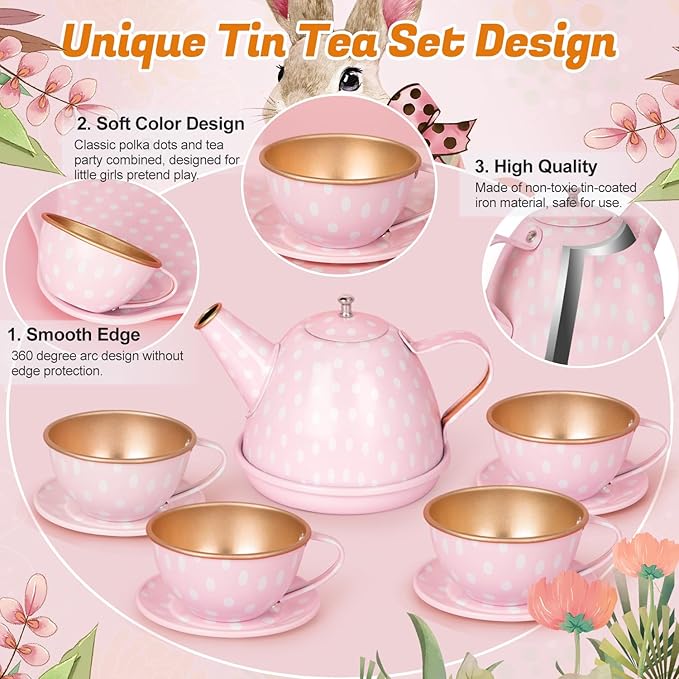 Tea Party Set for Little Girls, Princess Tea Time Toys Including Tin Teapot Set Cups Carrying Case, Toddlers Pretend Role Play Kids Kitchen Toys Birthday Gifts Age 3 4 5 6
