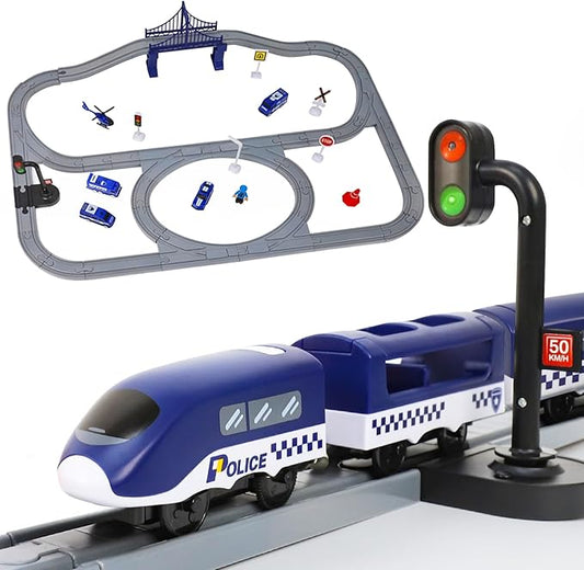 Wdmiya Train Set for Toddlers, 73 Pcs Train Toys for Kids Ages 3-8, Electric Trains Sets with Tracks (Magnetic Connection), Christmas Birthday Gifts for 3 4 5 6 7 Years Old (73pcs, Police)