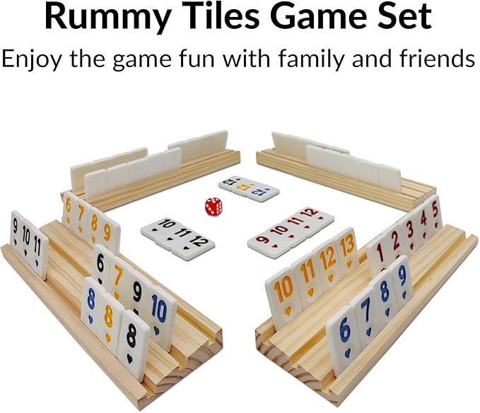 Rummy Cube Game with 4 Wooden Racks, 106 Rummy Tiles Game Set with Travel Case Rummy Cube Travel Set with 4 Tiles Holders for Family Game Night