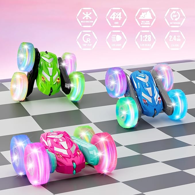 Remote Control Car for Girls 3-12 with Flashing Light, Toys 4 5 6 7 8 9 Years Old Girl Birthday Gifts Idea, RC Cars Stunt 4WD 2.4Ghz Double Sided 360° Flip, Present for Kids, Christmas, Pink