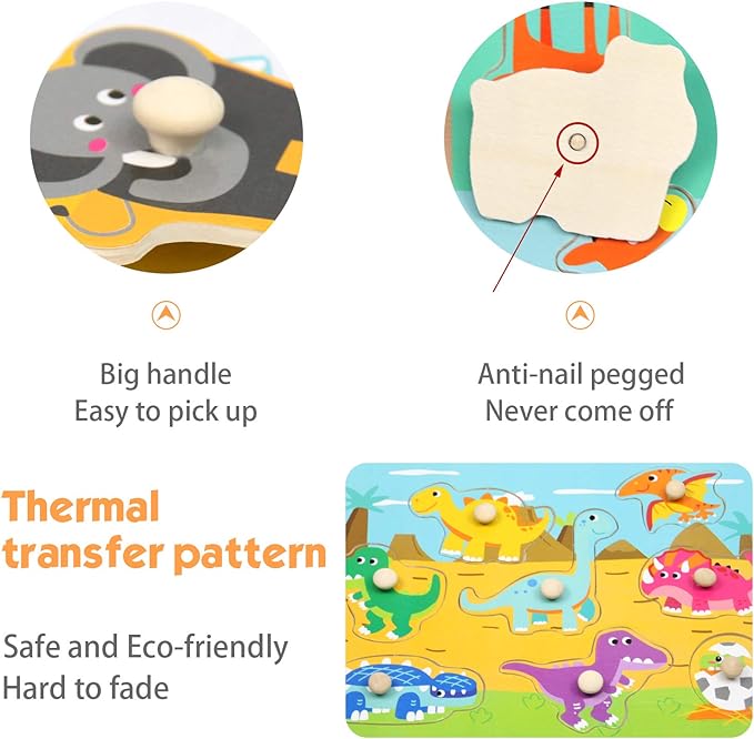 WOOD CITY Toddler Puzzles and Rack Set, Wooden Peg Puzzles Bundle with Storage Holder Rack, Educational Knob Puzzle for Kids Age 2 3 4 Years - Alphabet Number Shape Dinosaur Animal Vehicle