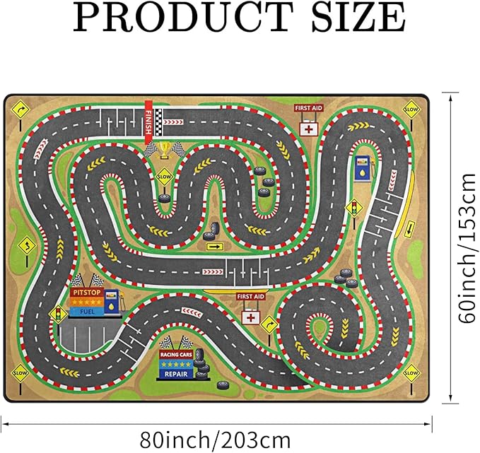 Kids Rug, Race Track Playmat Rugs - 5x7 Ft Kids Carpet with Rubber Backing, Start and Finish line Racing Track Marking Car or Karting Road Race 3D Play Mat Nursery Rugs for Children Bedroom Playroom