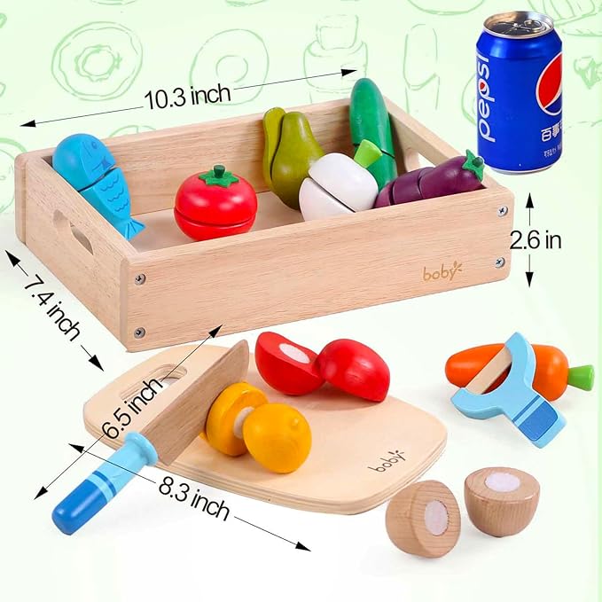 Dailyfunn Wooden Pretend Play Foods Set for Kids Kitchen Montessori Cutting Playset Toys with Storage Box