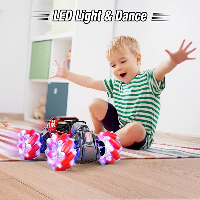 Powerextra Remote Control Car, 4WD 2.4GHz Gesture Sensing Rc Stunt Car, Double Sided 360°Rotating Off Road Car with LED Light & Music, Toy Cars for 6-12 Year Old Boys & Girls - Red