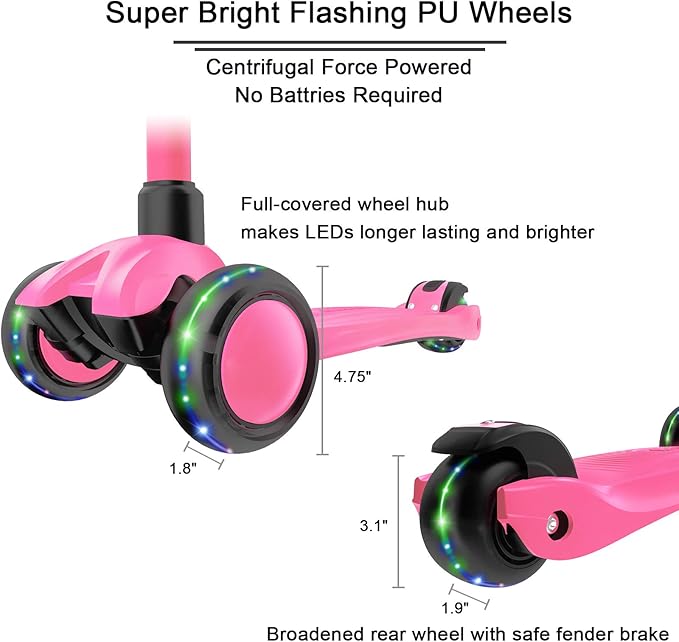 Allek Kick Scooter B03, Lean 'N Glide 3-Wheeled Push Scooter with Extra Wide PU Light-Up Wheels, Any Height Adjustable Handlebar and Strong Thick Deck for Children from 3-12yrs (Rose Pink)