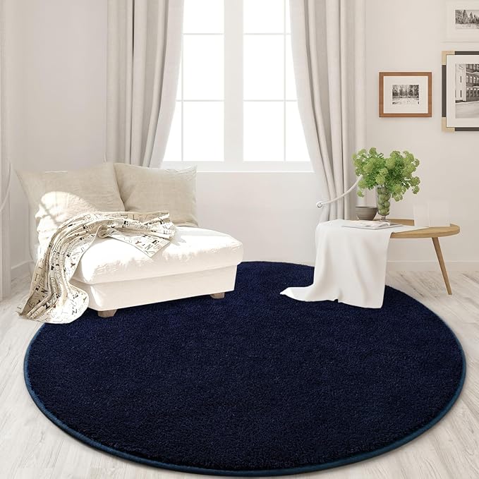 FlyDOIT Round Area Rugs for Bedroom Living Room, 4x4 Navy Blue Super Soft Comfy Thickened Memory-Foam Indoor Circle Carpets, Modern Aesthetic Minimalist Carpet for Boys Girls Adults Nursery Home Décor