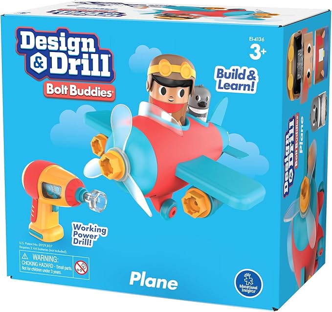 Educational Insights Design & Drill Bolt Buddies Plane - Construction Toys & Toddler Tools, Kids Tool Set with Real Electric Drill Toy, Take Apart STEM Set, Building Kits and Gifts for Ages 3+