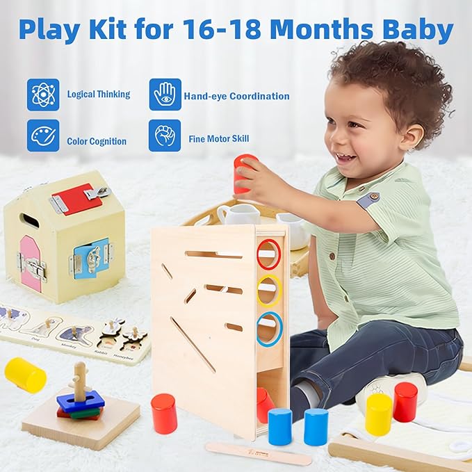 Adena Montessori Play Kit for 19-21 Months Baby,7 in 1 Learning Educational Toys for Toddler,Include Matching and Sliding Cylinder Chute,Dressing Frame and More,Christmas Birthday Gift for Boys Girl