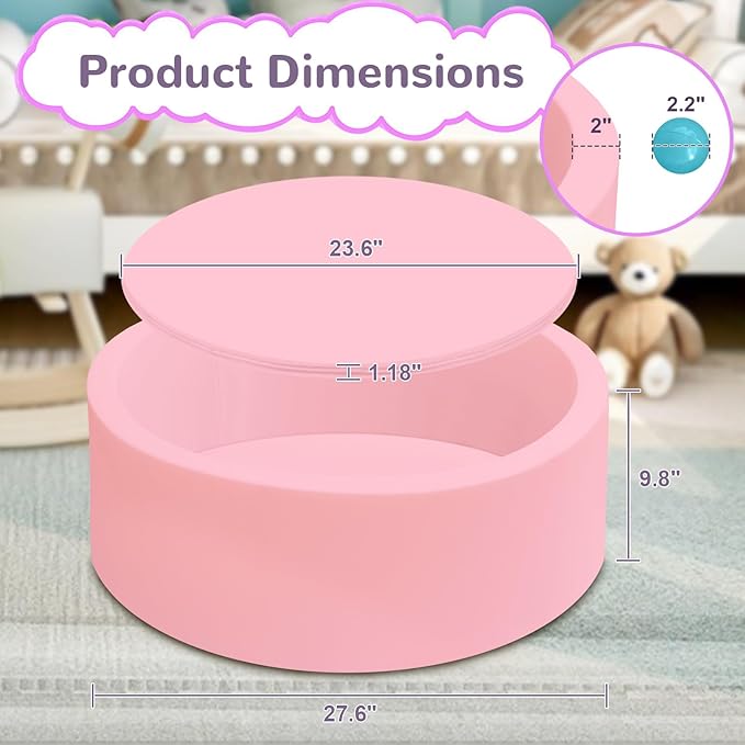 Baby Ball Pit 27.6" Soft Round Memory Foam Ball Pits NOT Included Balls Indoor Outdoor Playpen for Babies Toddlers Kids Great Gift for Girls Boys, Pink