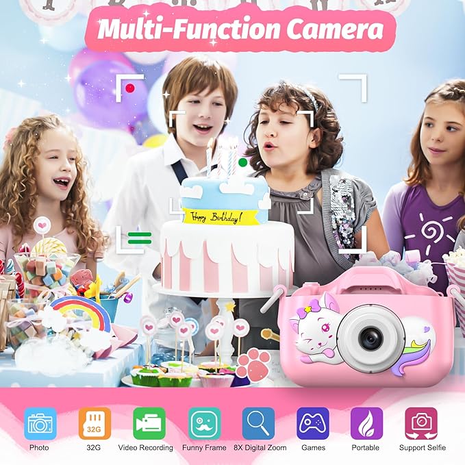 Goopow Kids Selfie Camera Toys for Girls Age 3-9, Digital Video Camera Toy with Protective Cover,Christmas Birthday Festival Gifts for 3-9 Year Old Girls Boys- 32GB SD Card Included (DC-H21-PINK)
