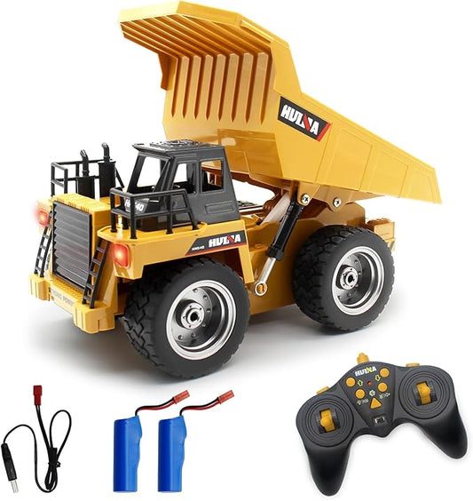 fisca Remote Control Dump Truck 2.4Ghz 4WD RC Truck 6 Channel Mine Construction Vehicle Toy Machine Model with LED Light and Metal Cab for Kids